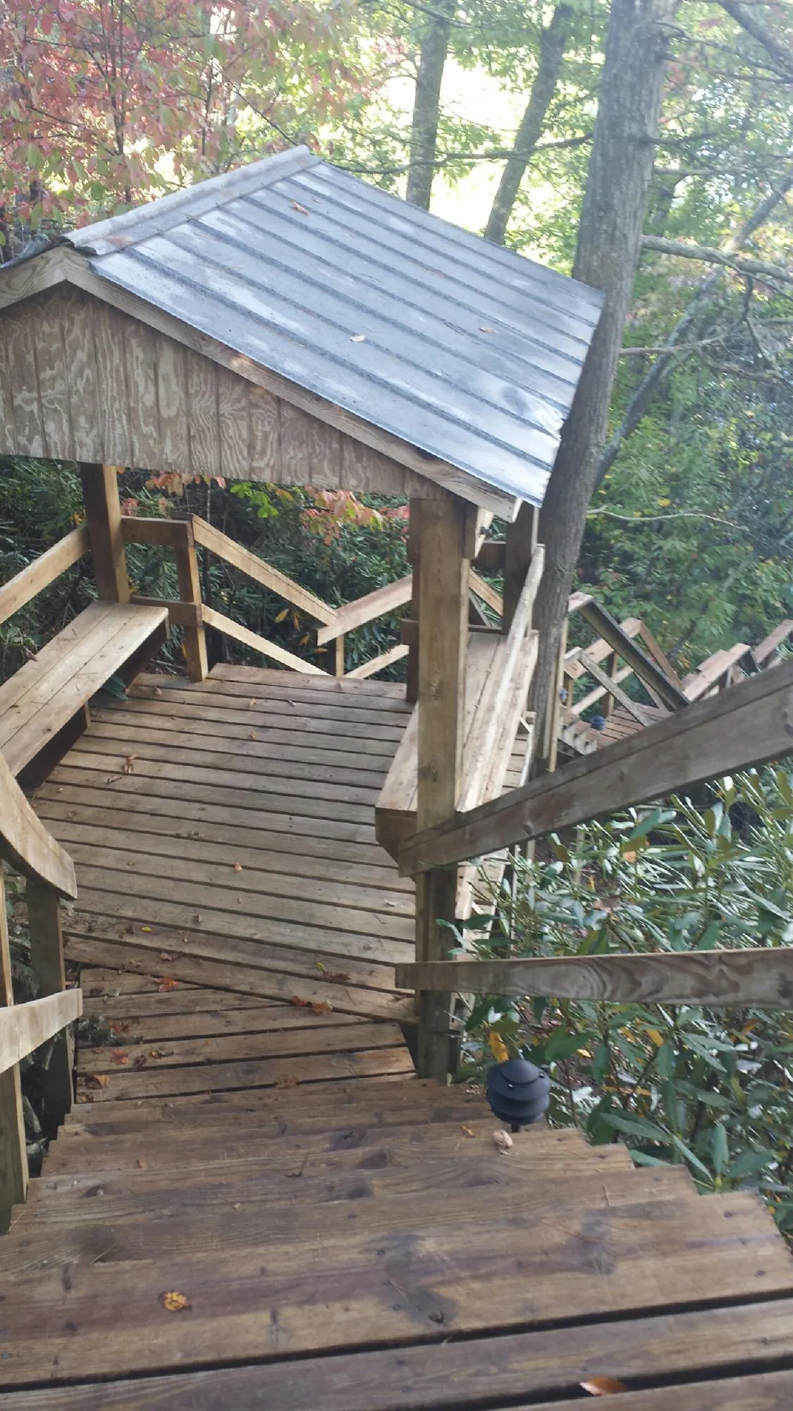 Metal roofed shelter over wooden steps on a wooded walkway — Skylight Repair & Installation work by our crew in Slaughters